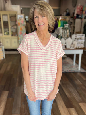 V-Neck Striped Jacquard Stripe Top in Pink and Off White