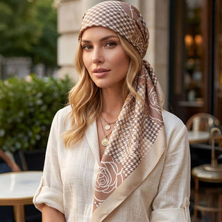 Silk Feel Vintage Rose Houndstooth Pattern Square Scarf