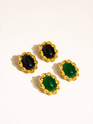 Eulie 18K Gold Non-Tarnish Vintage Stone Oval Earring