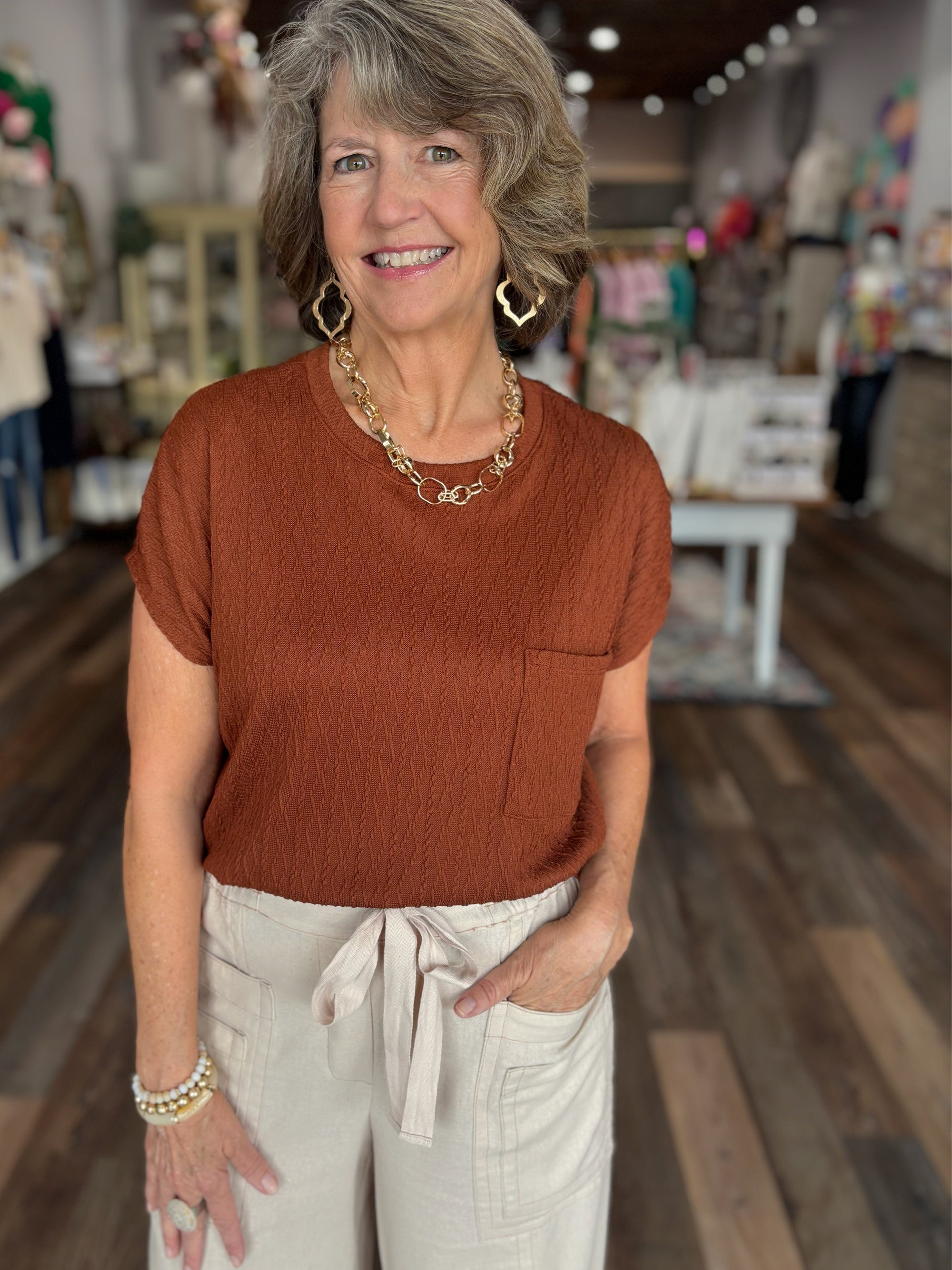 Chestnut Jacquard Pocket Top - Made in the USA