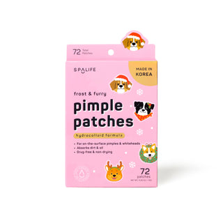 A pink box of SPALIFE Frost & Furry Pimple Patches for dogs, featuring cartoon dog illustrations and product details on a clean white background.