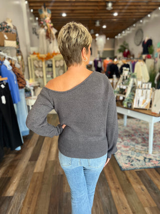 The Effortless Edge Off-Shoulder Sweater in Charcoal