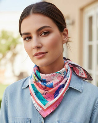 Woman wearing a colorful scarf on a blurred outdoor background