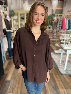 Sloan Button-Up Top in Chocolate or Navy