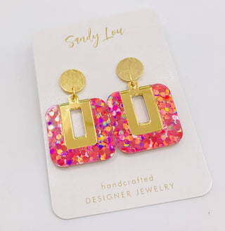 Be Squared Pink Holographic Glitter and Gold Earrings 