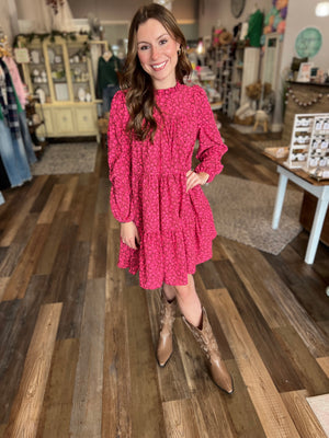 Angela Frilled Mock Neck Floral Print Dress