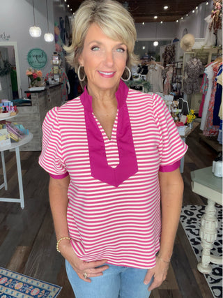 Bold Stripe Contrast Puff Sleeve Top