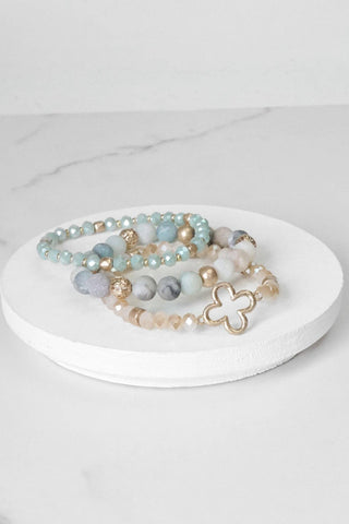 Clover Beaded Bracelet Set Semi Precious Gold Amazonite