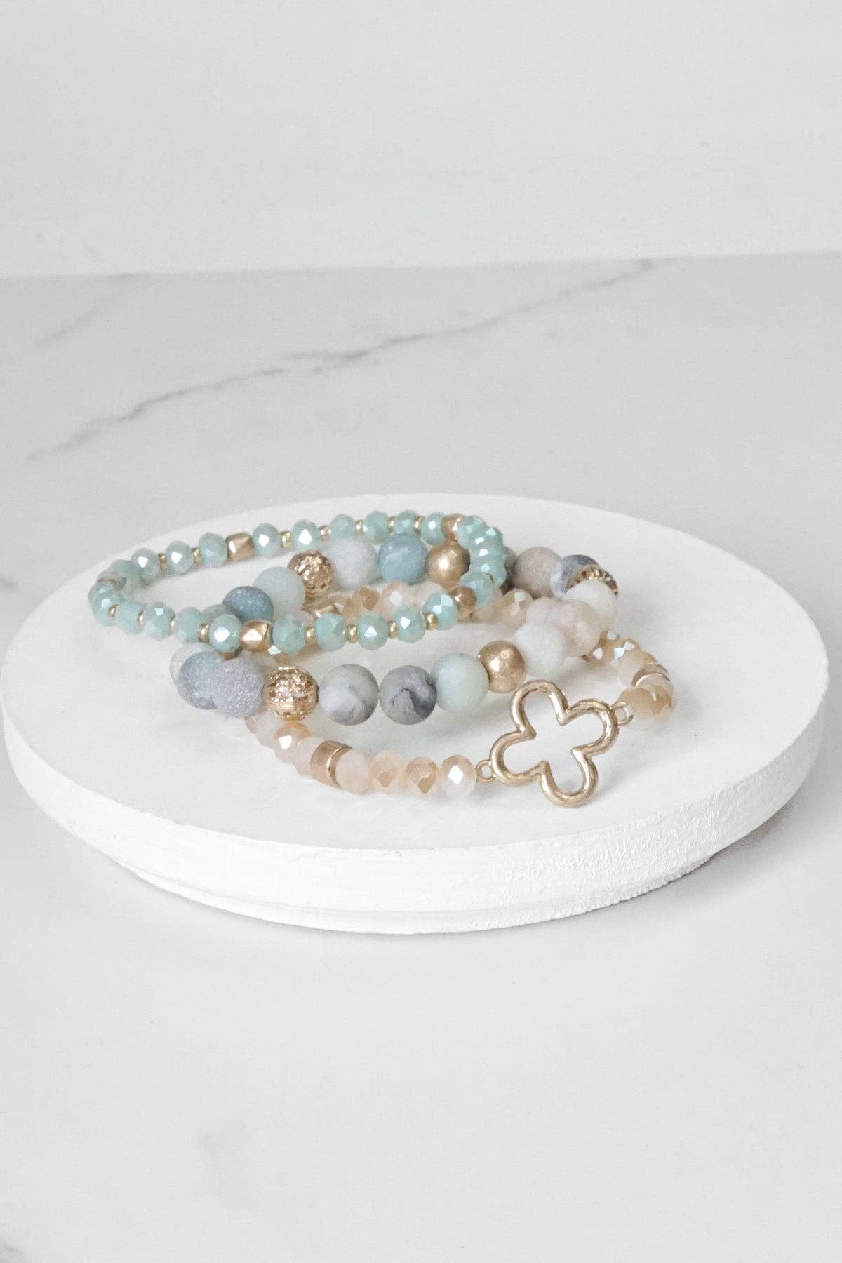 Clover Beaded Bracelet Set Semi Precious Gold Amazonite