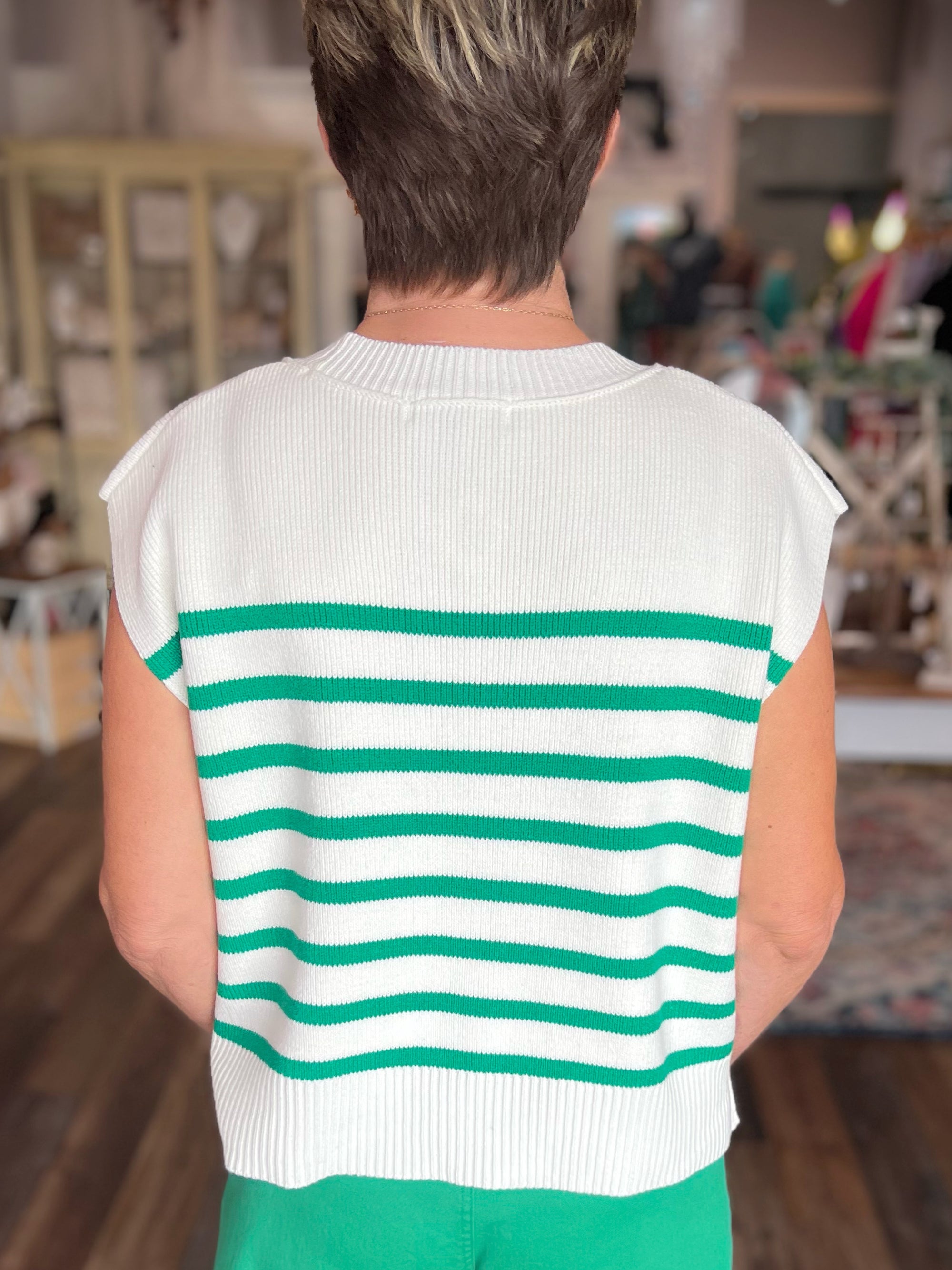 Green and Cream Striped Short Sleeve Sweater