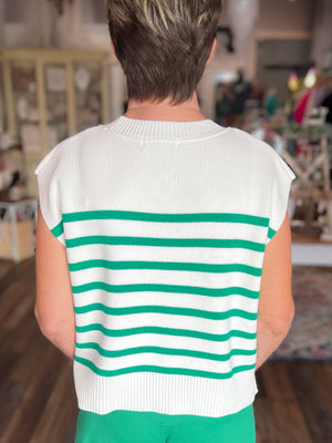 Green and Cream Striped Short Sleeve Sweater