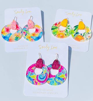 Citrus Lemon Print Stirrup Hoop Earrings 