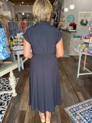 Timeless Grace Midi Dress in Charcoal Navy