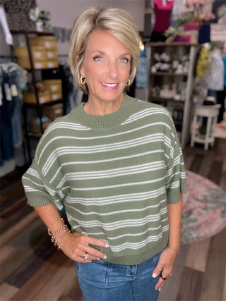 Striped Half Sleeve Knit Sweater in Olive or Pumpkin