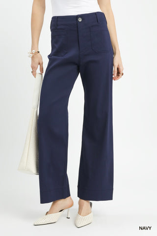 High Rise Wide Leg Pants with Patch Pockets - Navy