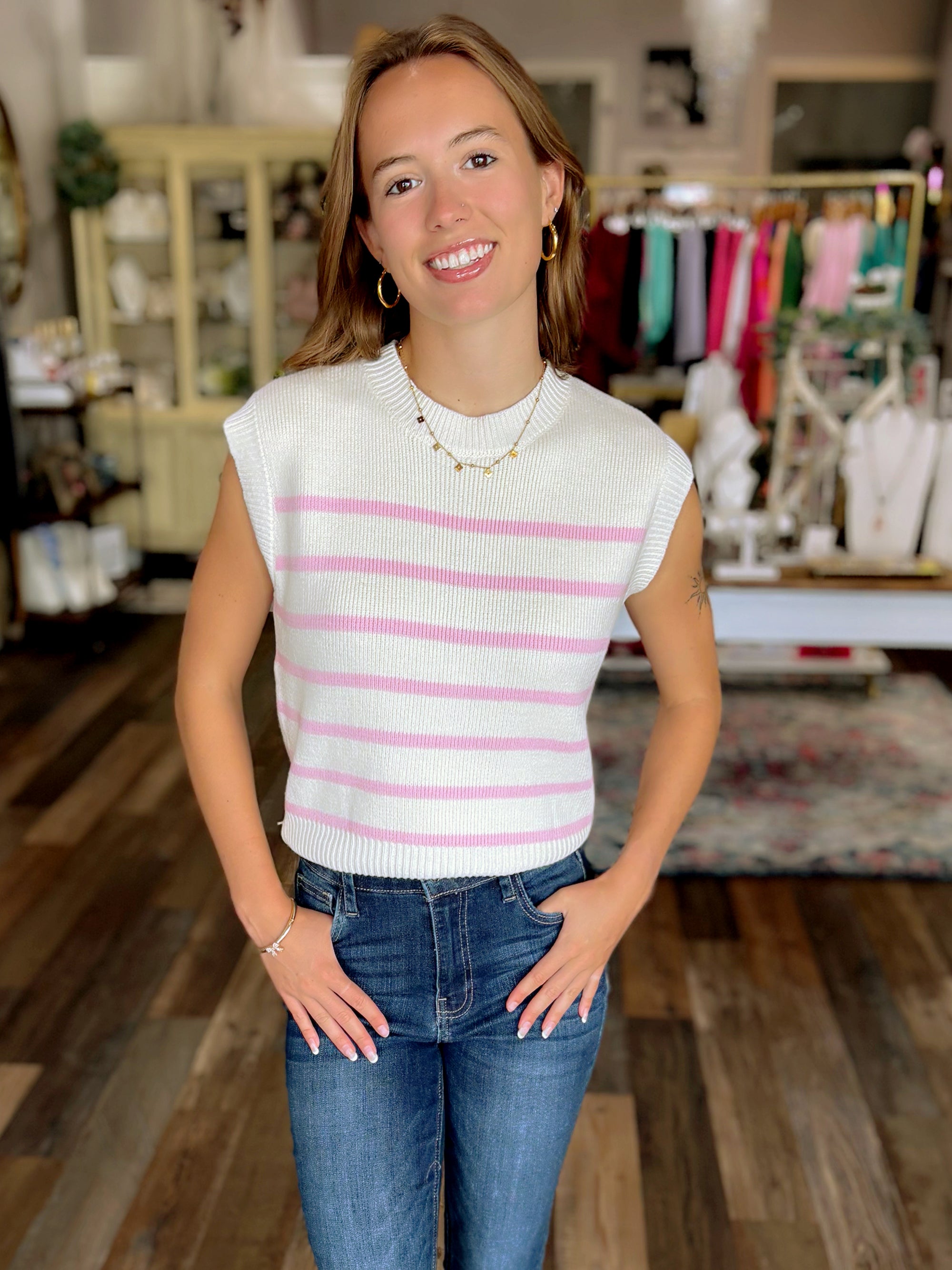 Sleeveless Striped Sweater in Pink and Ivory