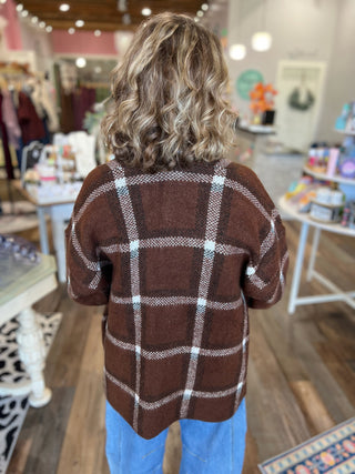 Knit Sweater Open Front Cardigan - Brown Plaid