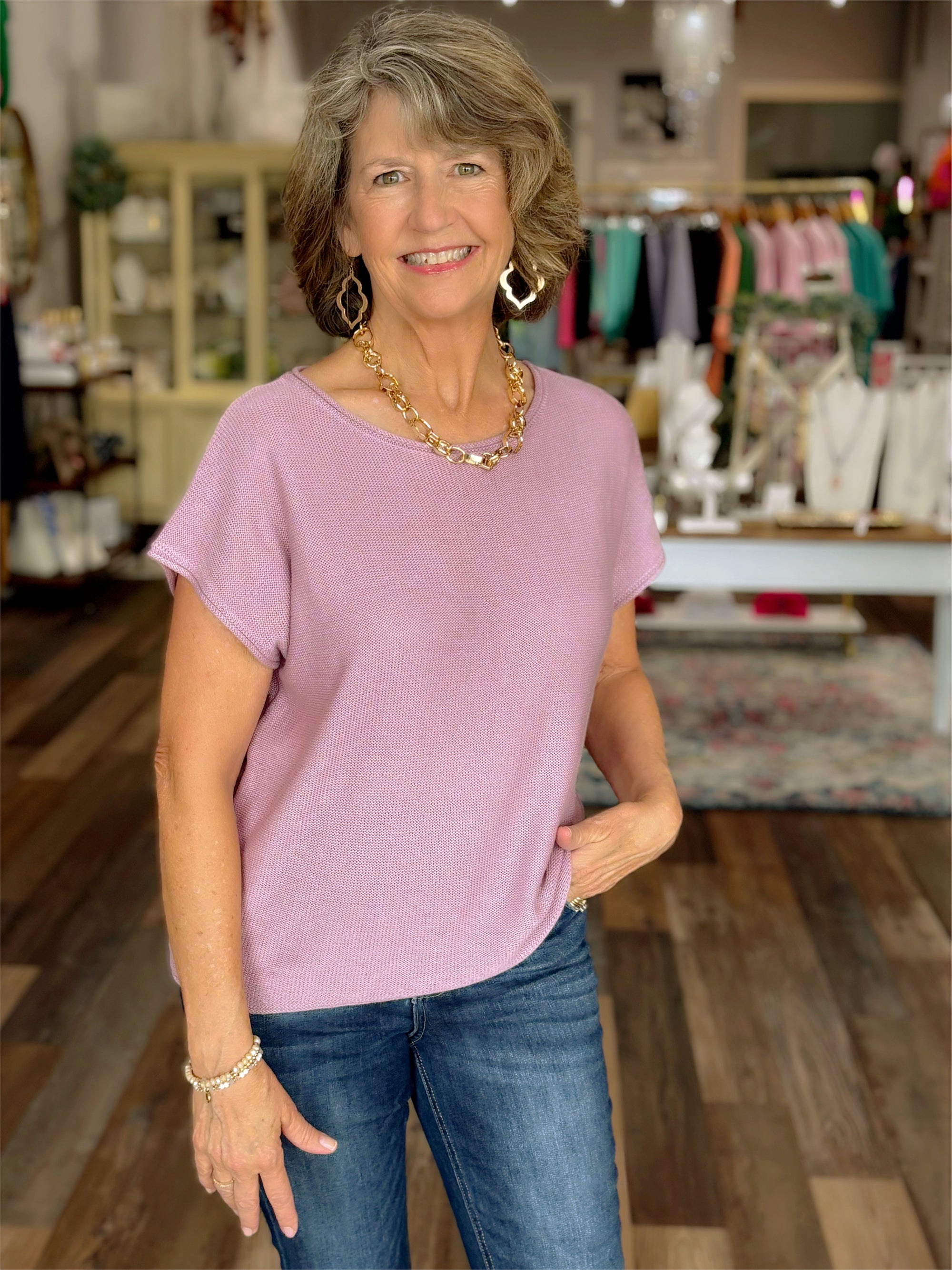 Short Sleeve Cotton Blend Sweater Top in Violet