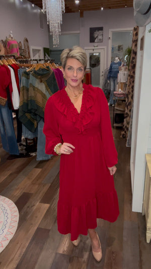 Ruby Red Ruffle V-Neck Dress