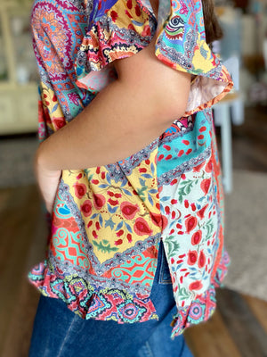Mixed Print V-Neck Ruffle Sleeve Top in Curvy