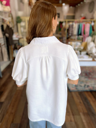 Embroidered Collar Puff Sleeve Knit Top