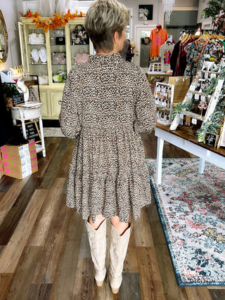 Long Sleeve Woven Leopard Print Tiered Mini Dress with Pockets: