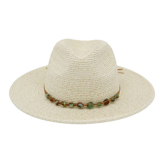 Turquoise Stone Band Straw Summer Fedora Hat: Tan or Stone
