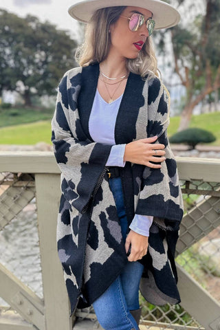 Black Leopard Printed Knitted Cozy Kimono Cardigan