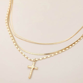 Cross Pendant Accent Layered Chain Necklace