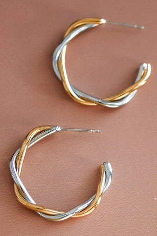 Waterproof Two Tone Twist Hoop Earrings