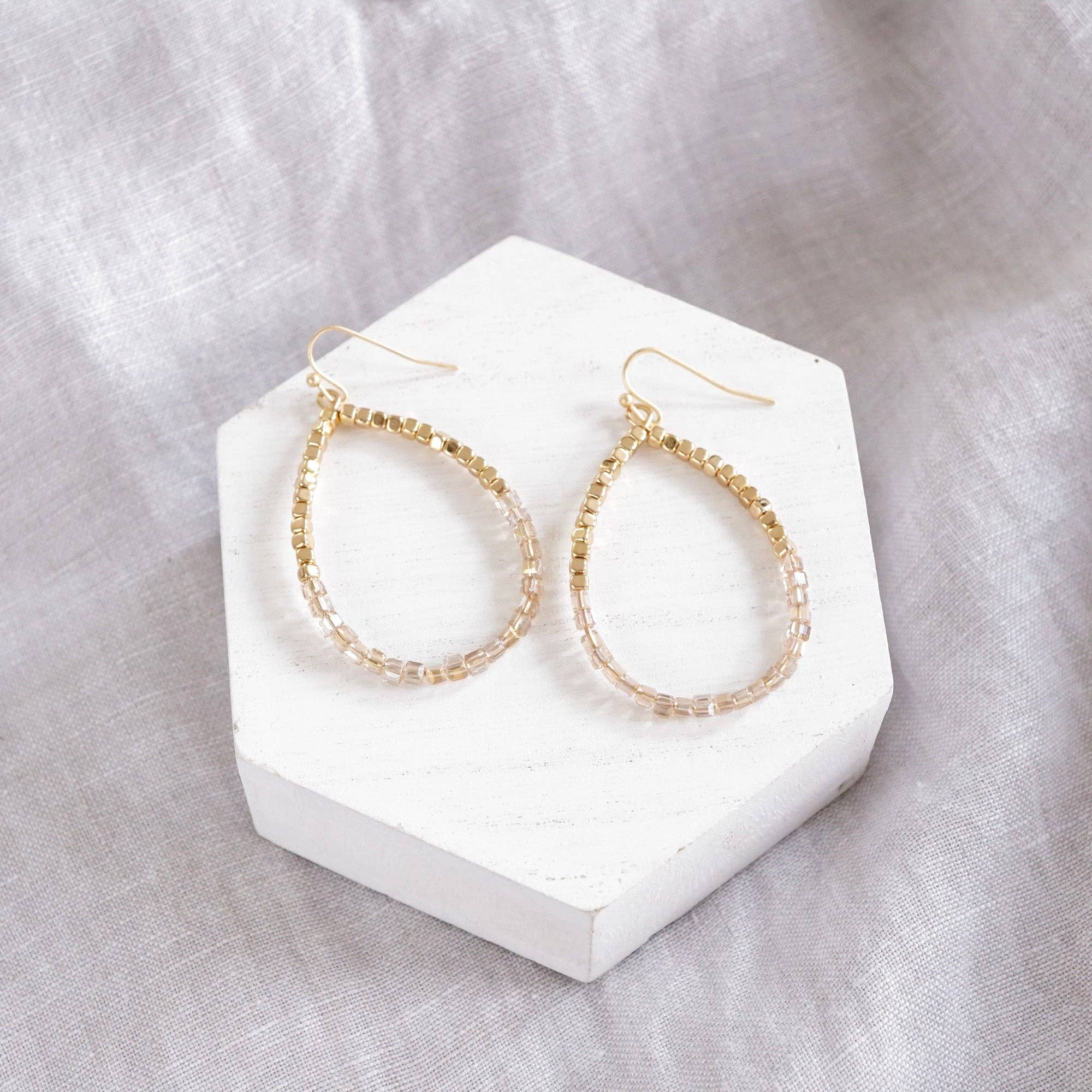Glass & Gold Beaded Teardrop Earrings - Gold, Purple, Blue, Neutral