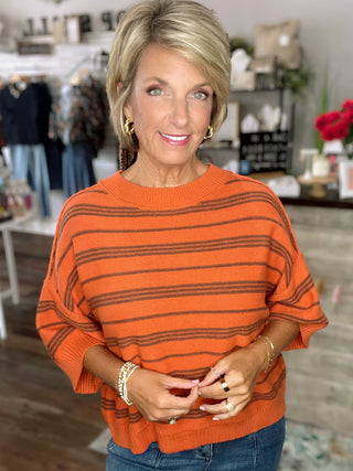 Striped Half Sleeve Knit Sweater in Olive or Pumpkin