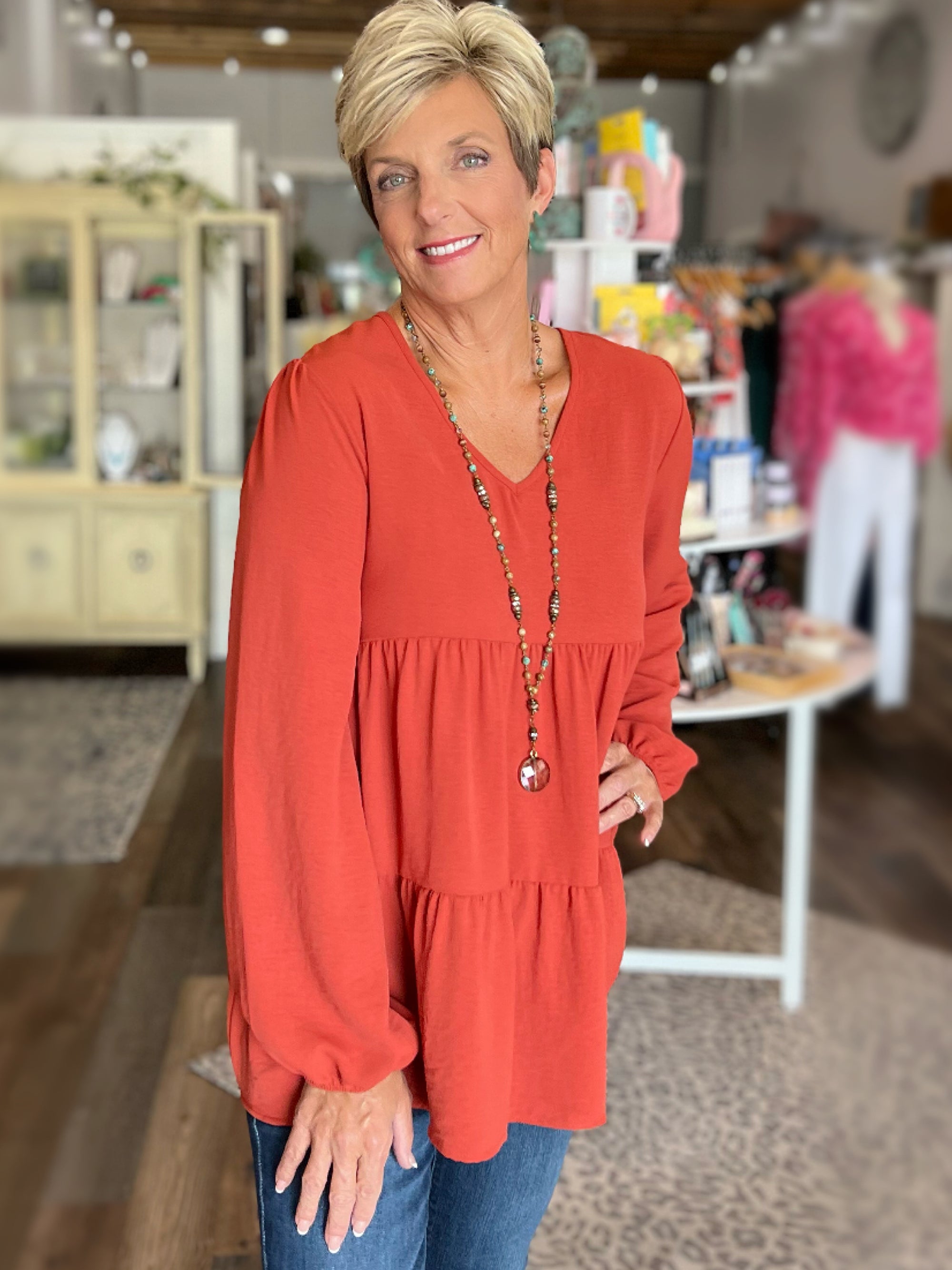 Long Sleeve Solid Tiered Top in Regular and Curvy