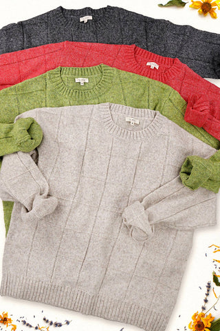 Loose Fit Windowpane Patterned Two Tone Sweater in Red or Charcoal