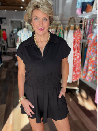 Quarter Zip Romper in Black - Butter Soft!