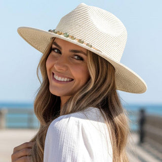 Turquoise Stone Band Straw Summer Fedora Hat: Tan or Stone