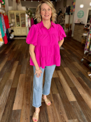 Brighten Up Button Front Blouse in Magenta