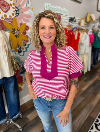 Bold Stripe Contrast Puff Sleeve Top
