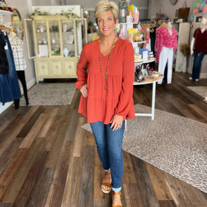 Long Sleeve Solid Tiered Top in Regular and Curvy
