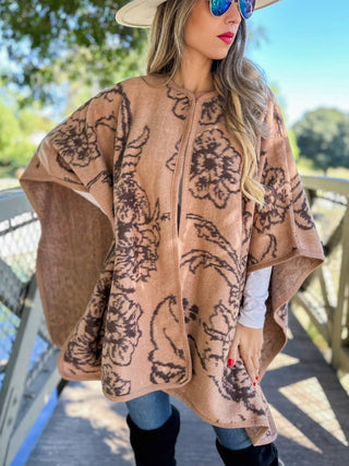 Elegant Floral Print Cape in Camel