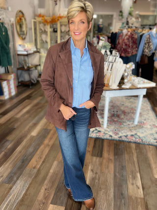 Chocolate Brown Suede Belted Jacket –