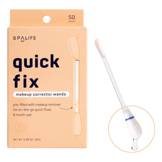 Spalife Quick Fix makeup corrector wands packaging box shown next to a single pre-filled makeup corrector wand with a blue liquid dropper tip, on a white background.