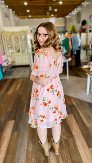 Peach Floral Print Dress