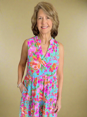 Vacay Ready Floral Print Sleeveless Dress in Curvy