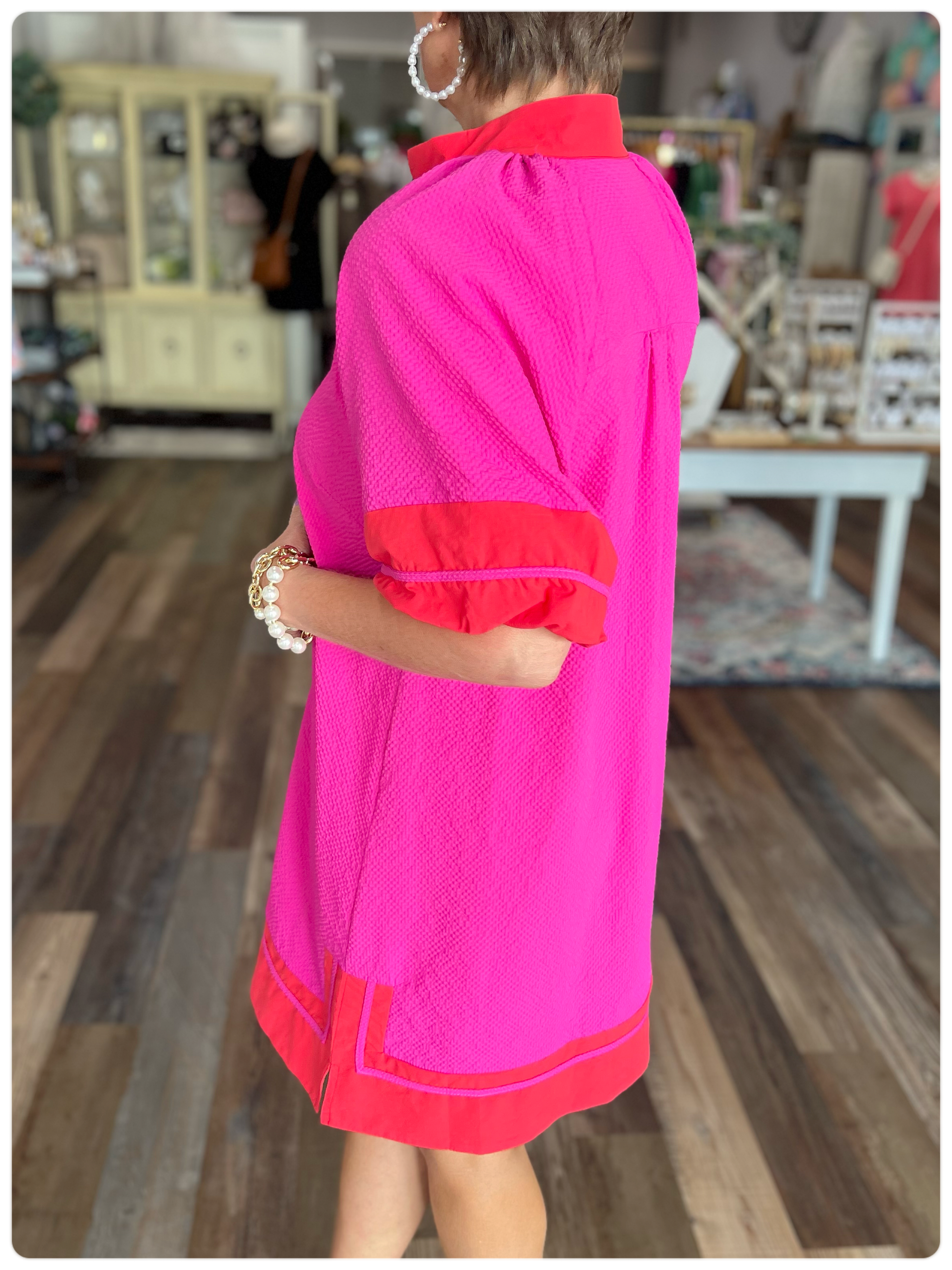 Textured Color Block V Neck Dress in Fuchsia
