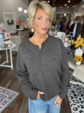 Easy Living Henley Sweater in Oatmeal or Deep Brown