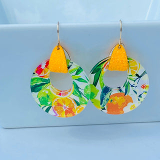 Citrus Lemon Print Stirrup Hoop Earrings 