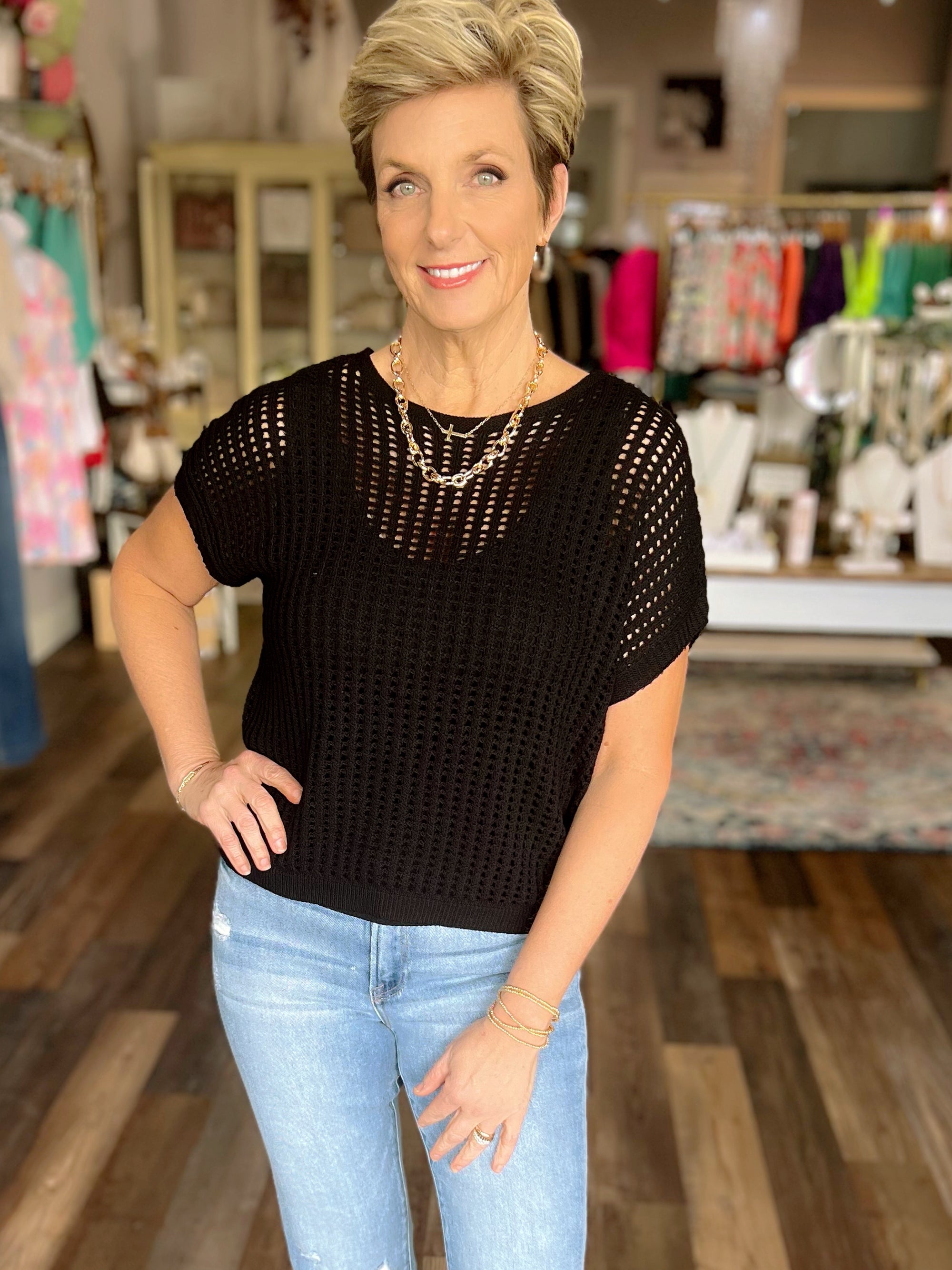 Crochet Knit Short Sleeve Sweater
