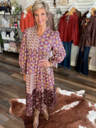 Mixed Print Tiered Midi Dress with Ruffled Neck