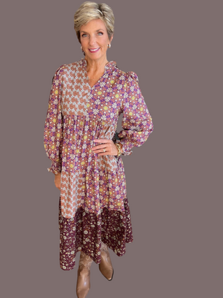 Mixed Print Tiered Midi Dress with Ruffled Neck